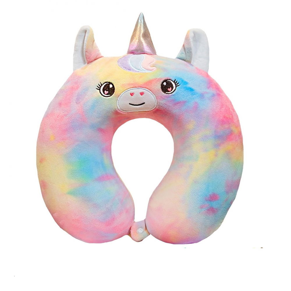 Perna de calatorie in forma de u, pentru gat si cap, umplutura din spuma cu memorie, 30x30 cm, model unicorn, accesoriu de voiaj, birou, masina, sistem prindere capse, multicolor [5]