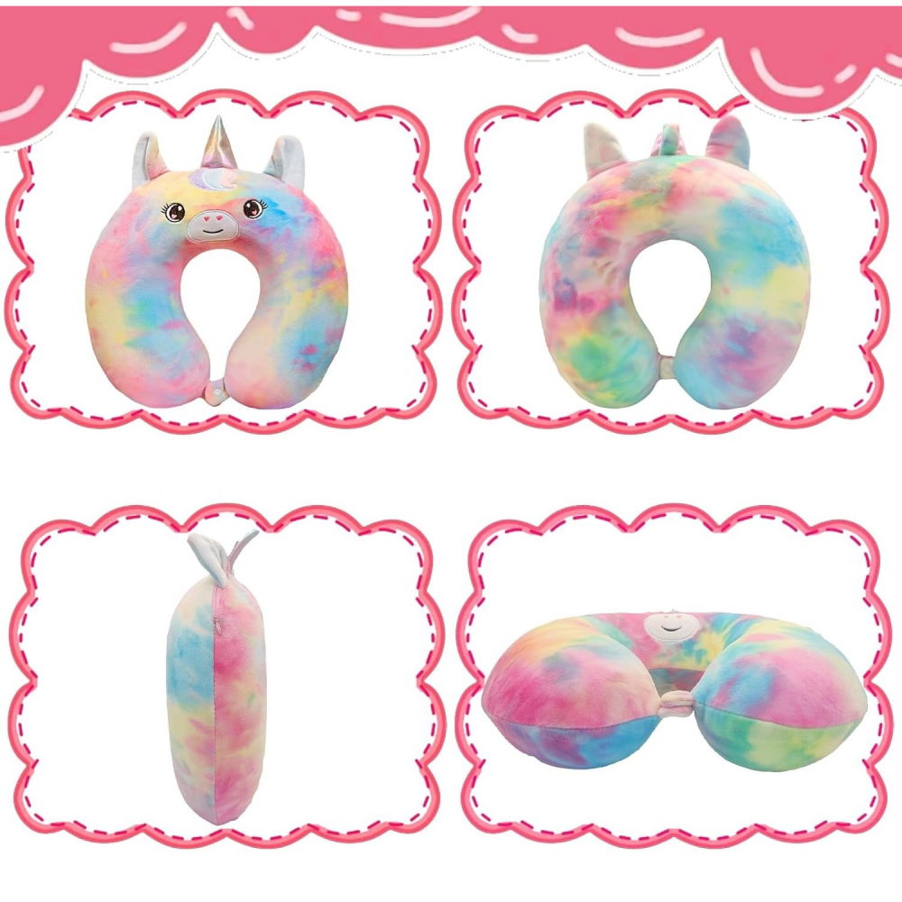 Perna de calatorie in forma de u, pentru gat si cap, umplutura din spuma cu memorie, 30x30 cm, model unicorn, accesoriu de voiaj, birou, masina, sistem prindere capse, multicolor [3]