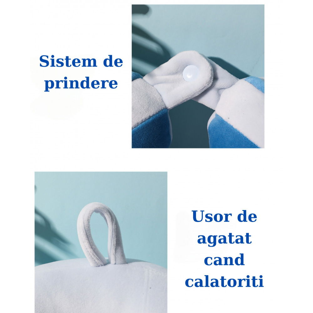 Perna de calatorie, pentru gat si cap, umplutura din bumbac, 28x28x10 cm, cu model brodat delfin, albastru [5]