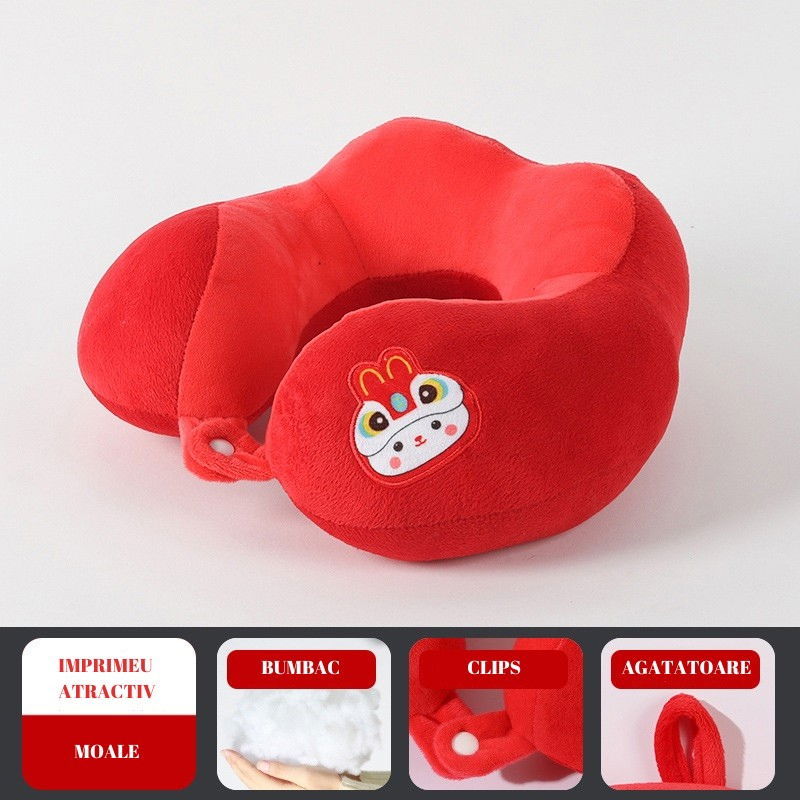 Perna de calatorie, pentru gat si cap, umplutura din bumbac, 28x28x10 cm, cu model brodat iepure, rosu [2]