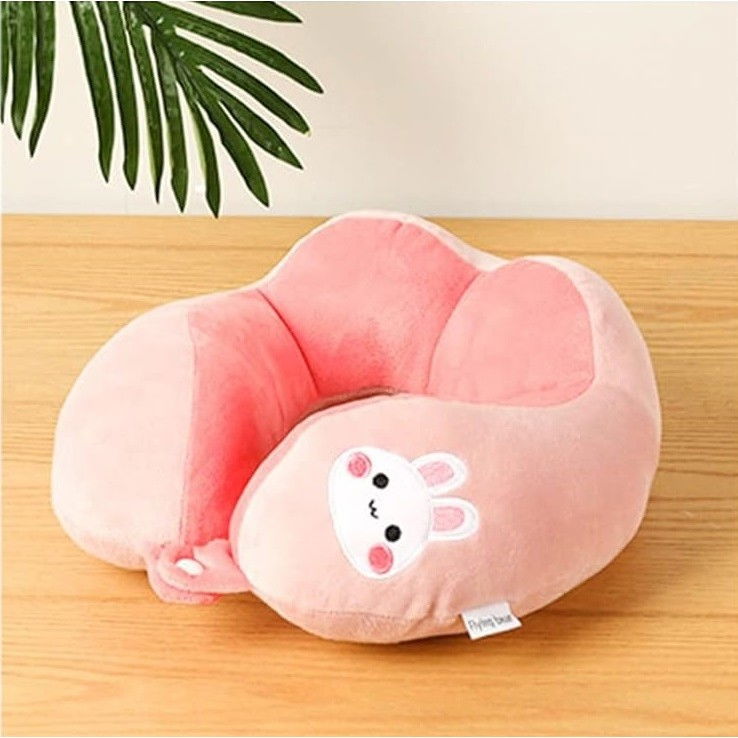 Perna de calatorie, pentru gat si cap, umplutura din bumbac, 28x28x10 cm, cu model brodat iepure, roz [3]