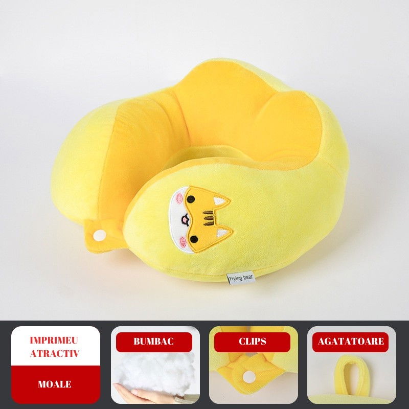 Perna de calatorie, pentru gat si cap, umplutura din bumbac, 28x28x10 cm, cu model brodat pisica, galben [2]