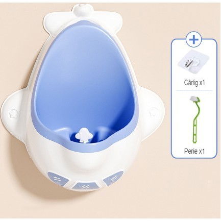 Pisoar pentru baieti, 0-8 ani, in forma de avion, perie inclusa, montare pe perete, carlig autoadeziv inclus, 29 x 33.5 cm, alb/albastru [6]