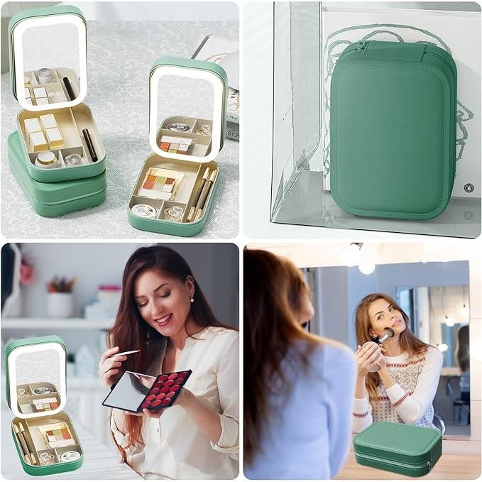 Portfard, geanta cosmetice, cu oglinda led, 3 moduri de lumina, incarcare usb, baterie 1200 mah, pentru organizarea cosmeticelor, 4 compartimente, imitatie piele, verde, 16.5x11.5x6 cm [4]