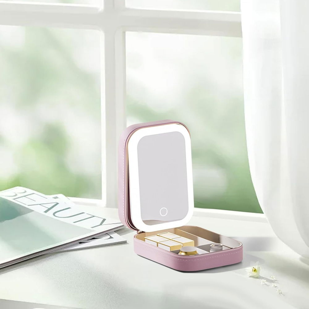 Portfard, geanta cosmetice, cu oglinda led, 3 moduri de lumina, incarcare usb, baterie 1200 mah, pentru organizarea cosmeticelor, 4 compartimente, imitatie piele, roz, 16.5x11.5x6 cm [5]