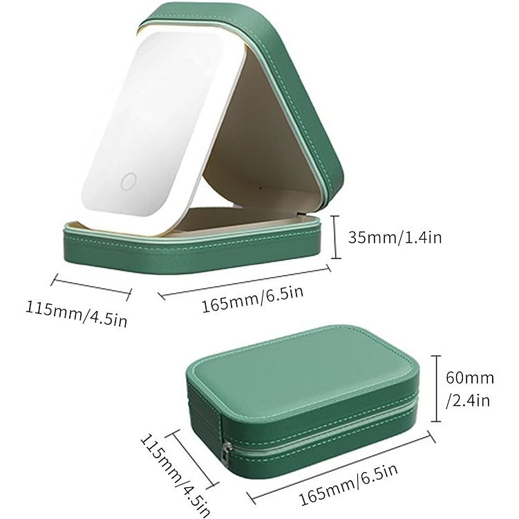 Portfard, geanta cosmetice, cu oglinda led, 3 moduri de lumina, incarcare usb, baterie 1200 mah, pentru organizarea cosmeticelor, 4 compartimente, imitatie piele, verde, 16.5x11.5x6 cm [5]