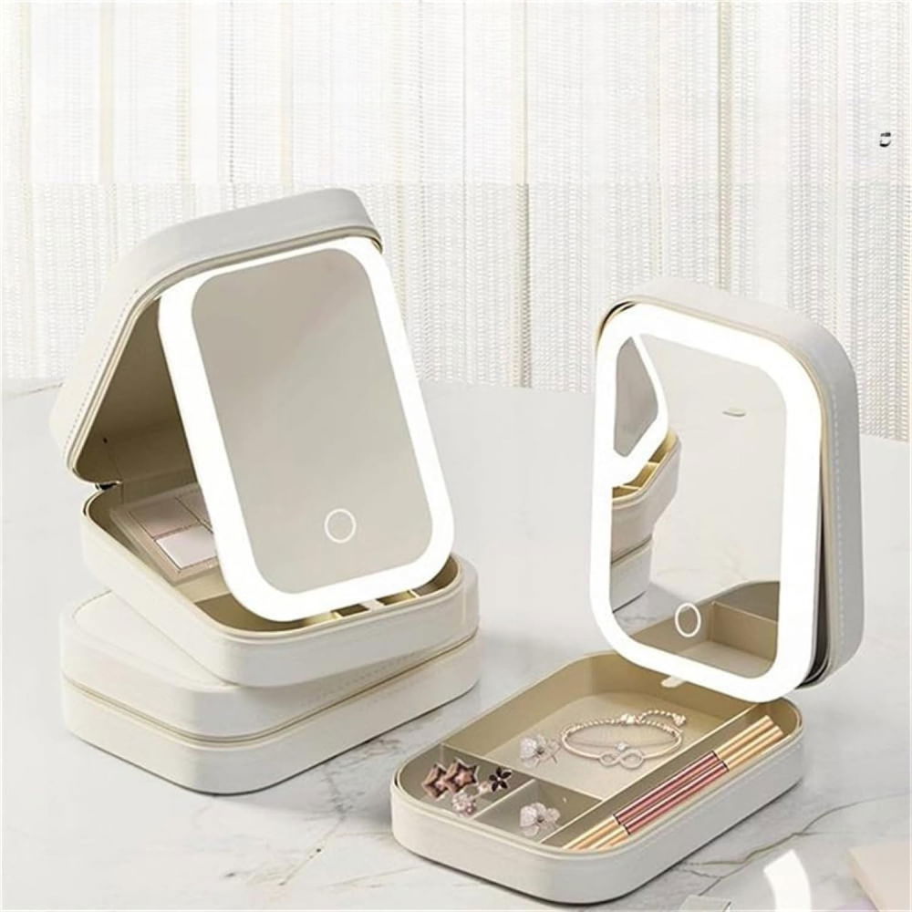 Portfard, geanta cosmetice, cu oglinda led, 3 moduri de lumina, incarcare usb, baterie 1200 mah, pentru organizarea cosmeticelor, 4 compartimente, imitatie piele, alb, 16.5x11.5x6 cm [6]