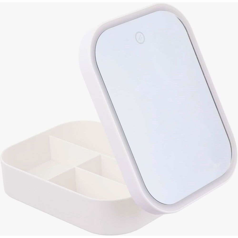 Portfard, geanta cosmetice, cu oglinda led, 3 moduri de lumina, incarcare usb, baterie 1200 mah, pentru organizarea cosmeticelor, 4 compartimente, imitatie piele, alb, 16.5x11.5x6 cm [1]