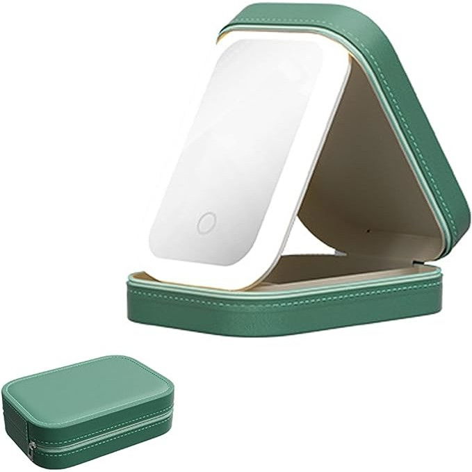 Portfard, geanta cosmetice, cu oglinda led, 3 moduri de lumina, incarcare usb, baterie 1200 mah, pentru organizarea cosmeticelor, 4 compartimente, imitatie piele, verde, 16.5x11.5x6 cm [6]
