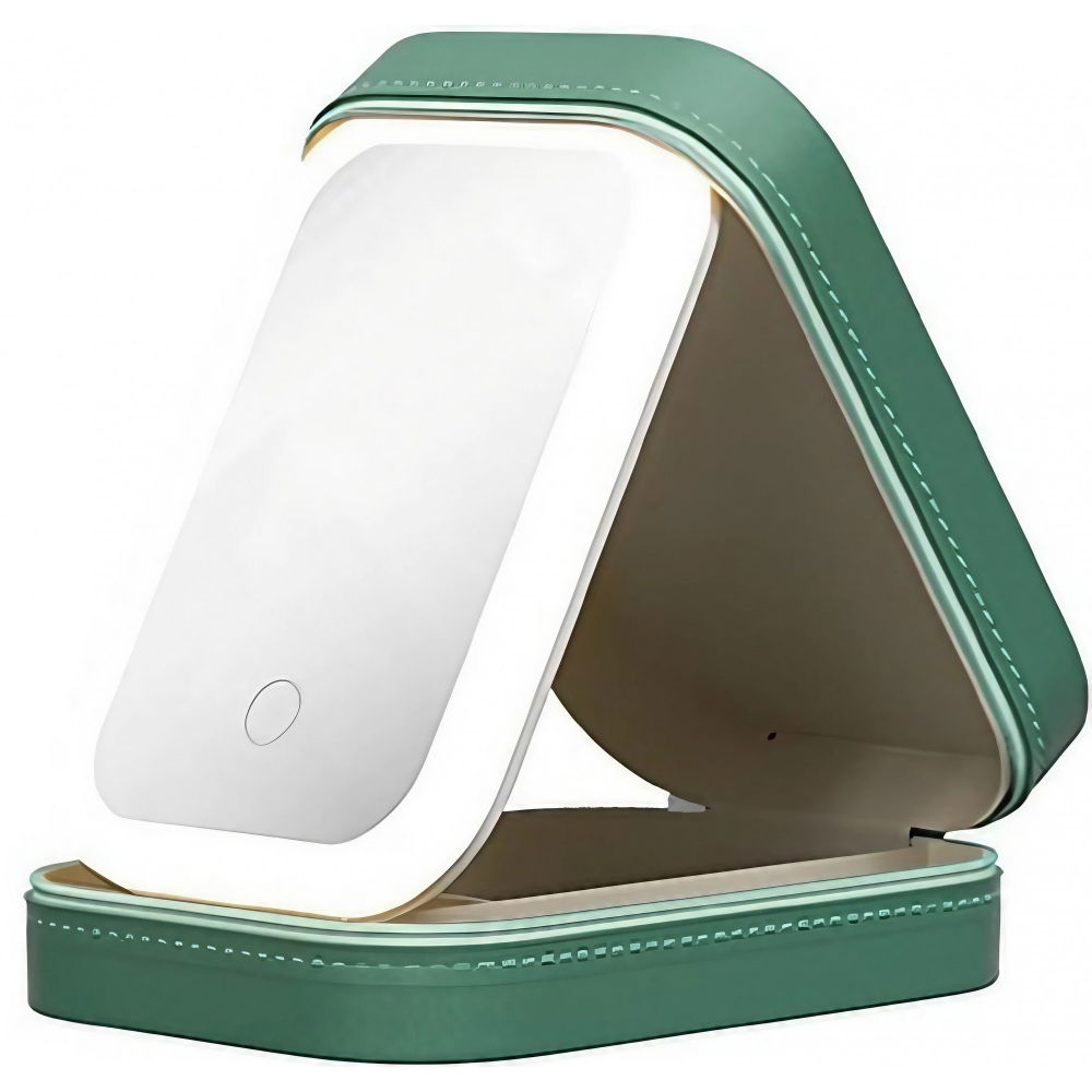 Portfard, geanta cosmetice, cu oglinda led, 3 moduri de lumina, incarcare usb, baterie 1200 mah, pentru organizarea cosmeticelor, 4 compartimente, imitatie piele, verde, 16.5x11.5x6 cm [1]
