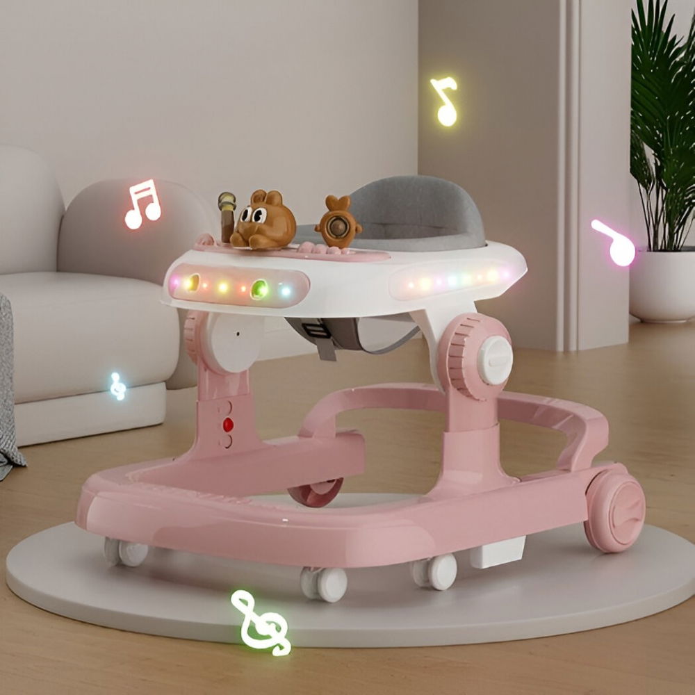 Premergator multifunctional cu roti  model iepuras, inaltime ajustabila, tavita, muzica, lumini, 66x59x41 cm, roz [4]