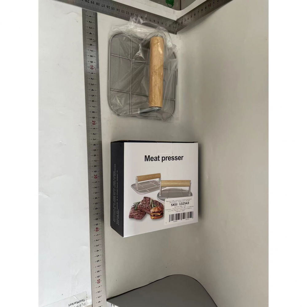 Presa manuala pentru carne, din aliaj de aluminiu, maner din lemn, presa pentru burgeri, usor de curatat si folosit, patrata, 16x16x6 cm, gri [2]
