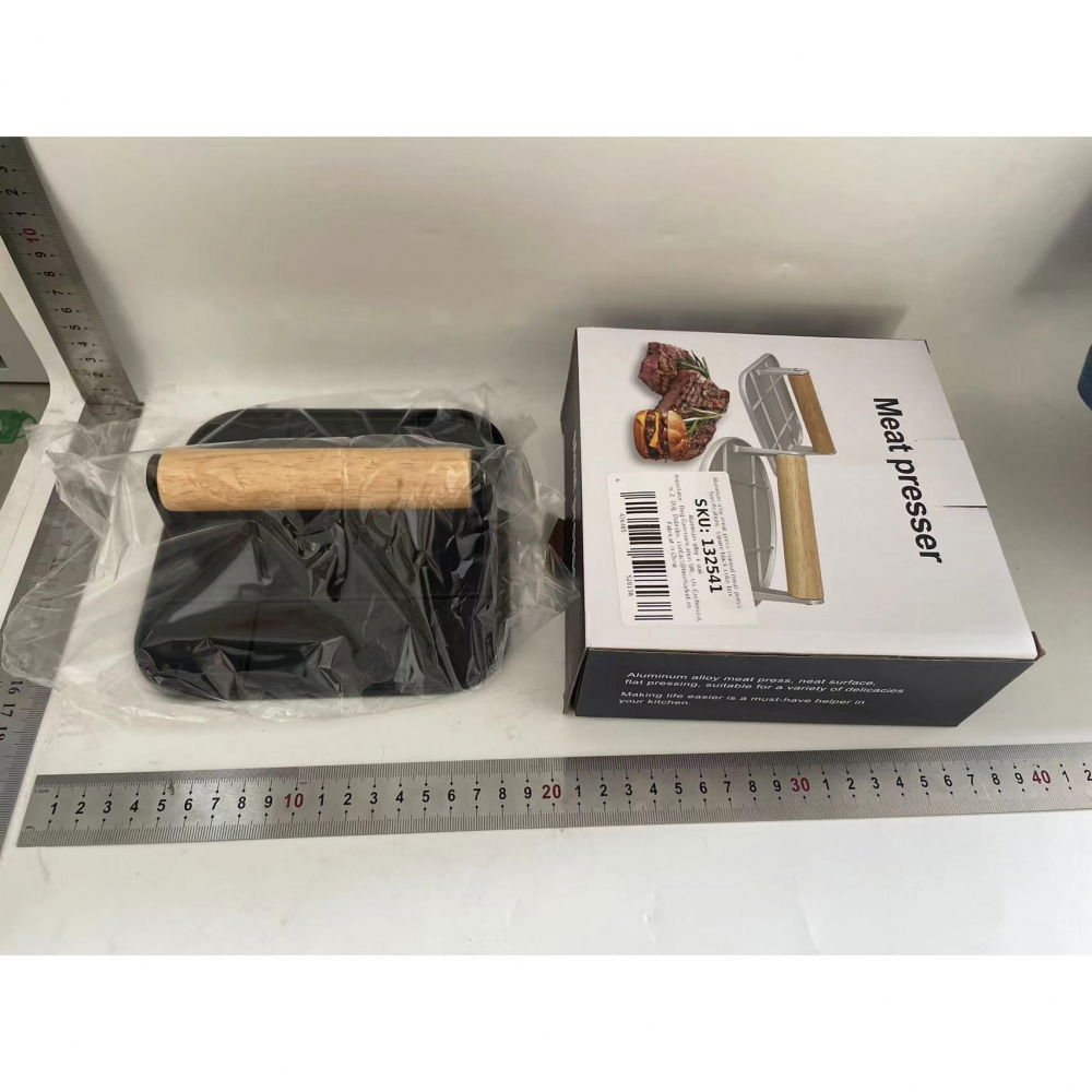 Presa manuala pentru carne, din aliaj de aluminiu, maner din lemn, presa pentru burgeri, usor de curatat si folosit, patrata, 16x16x6 cm, neagra [2]