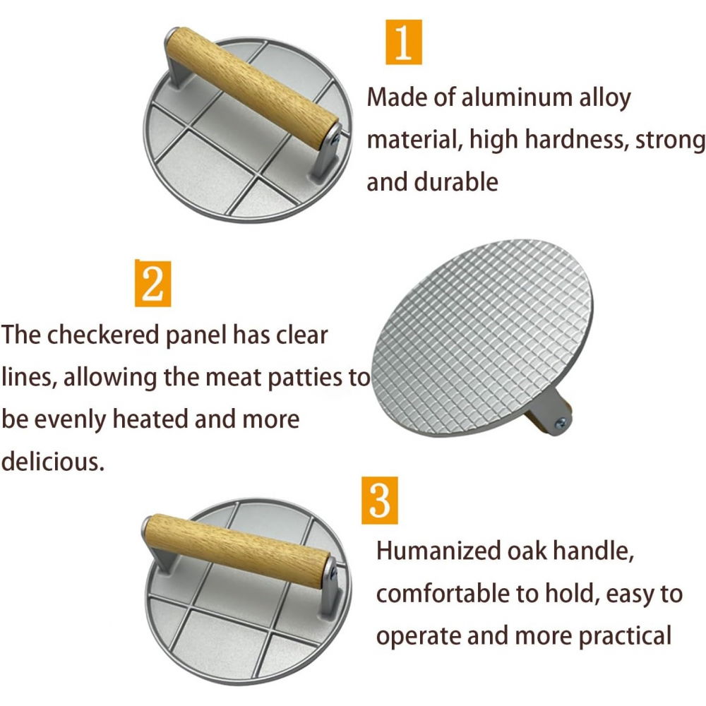 Presa manuala pentru carne, din aliaj de aluminiu, maner din lemn, presa pentru burgeri, usor de curatat si folosit, rotunda, 16x16x6 cm, gri [5]