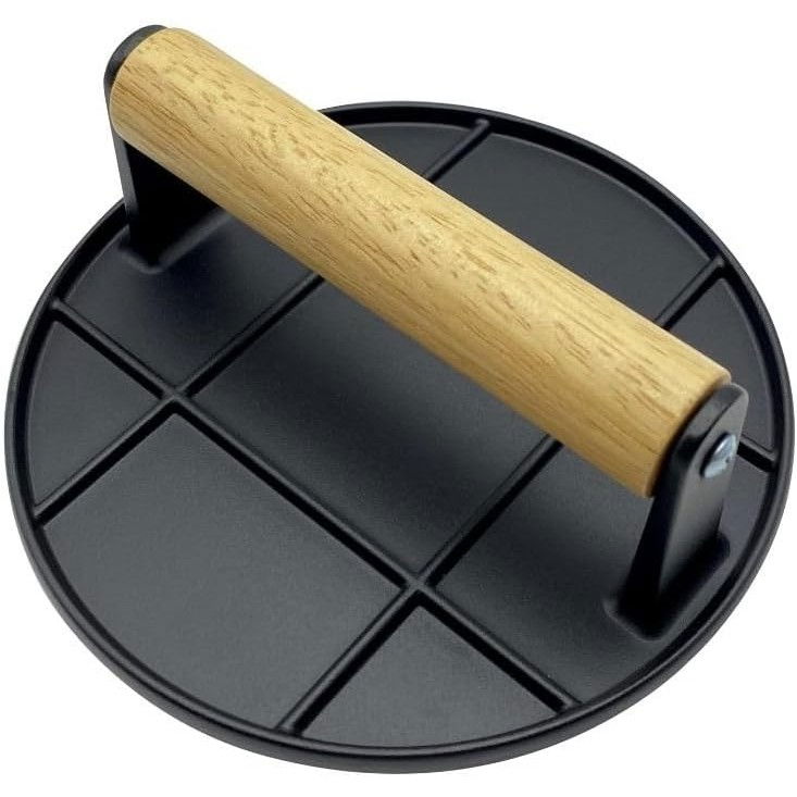 Presa manuala pentru carne, din aliaj de aluminiu, maner din lemn, presa pentru burgeri, usor de curatat si folosit, rotunda, 16x16x6 cm, neagra [1]