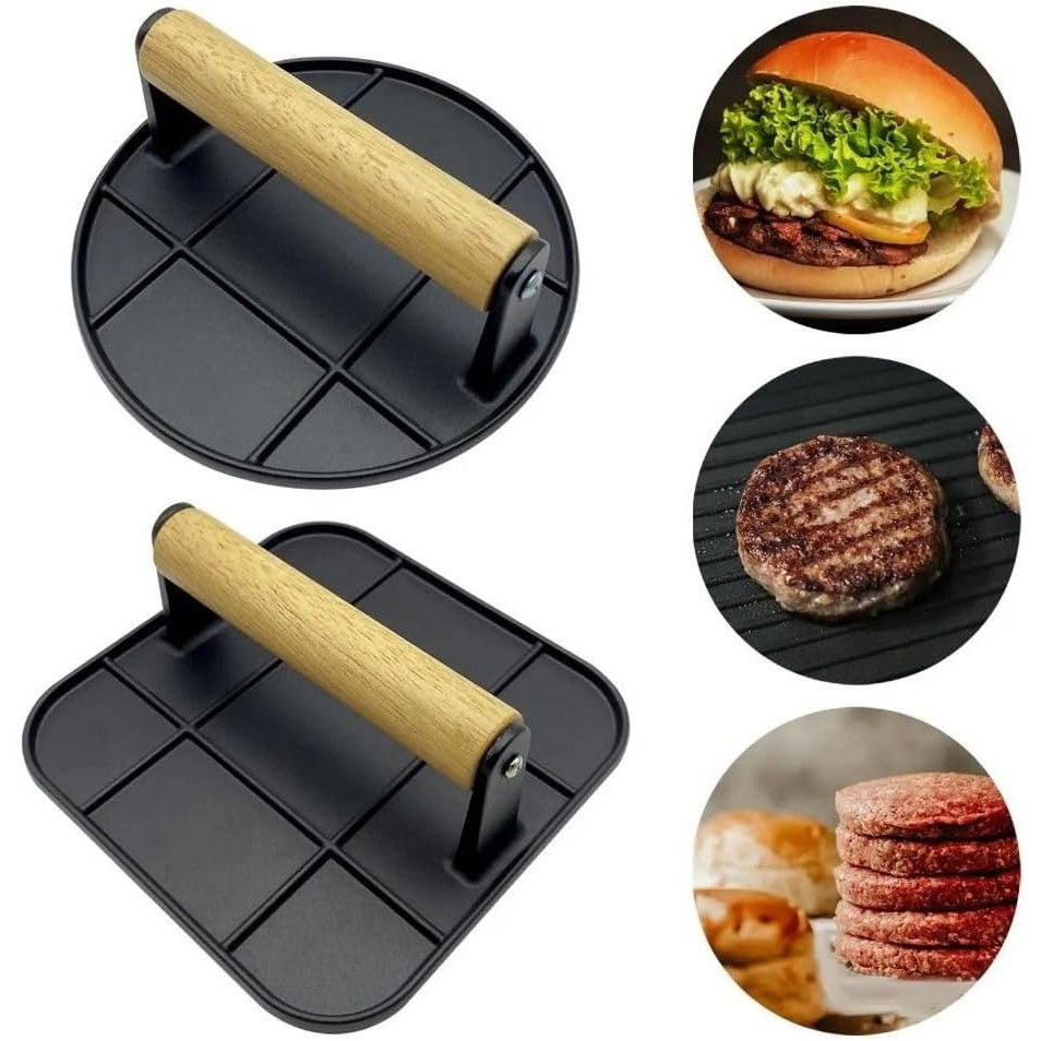 Presa manuala pentru carne, din aliaj de aluminiu, maner din lemn, presa pentru burgeri, usor de curatat si folosit, rotunda, 16x16x6 cm, neagra [4]