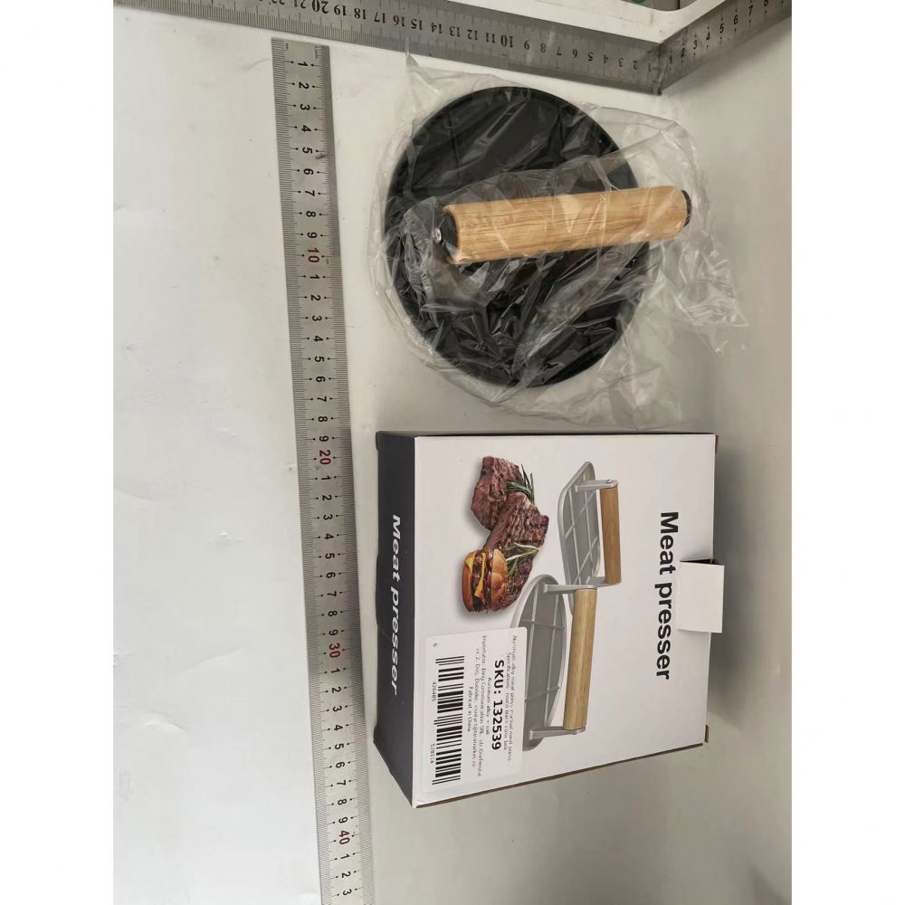 Presa manuala pentru carne, din aliaj de aluminiu, maner din lemn, presa pentru burgeri, usor de curatat si folosit, rotunda, 16x16x6 cm, neagra [2]