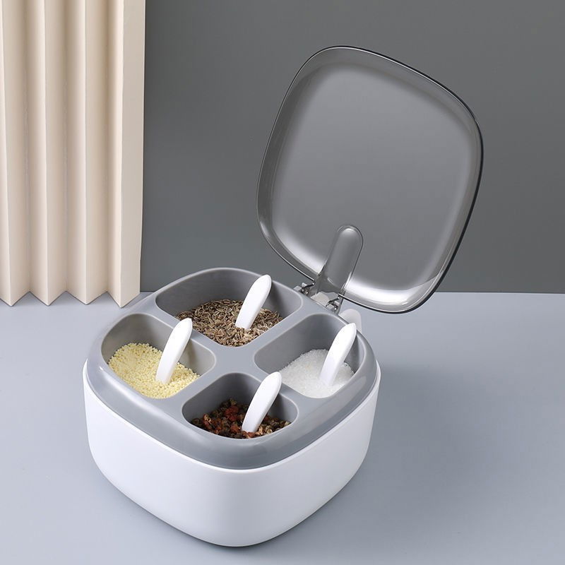 Recipient pentru condimente  4 casute, potrivit pentru sare, cimbru, piper, condimente, 4 lingurite din plastic, capac din plastic, maner, 14x14x8 cm, alb [2]