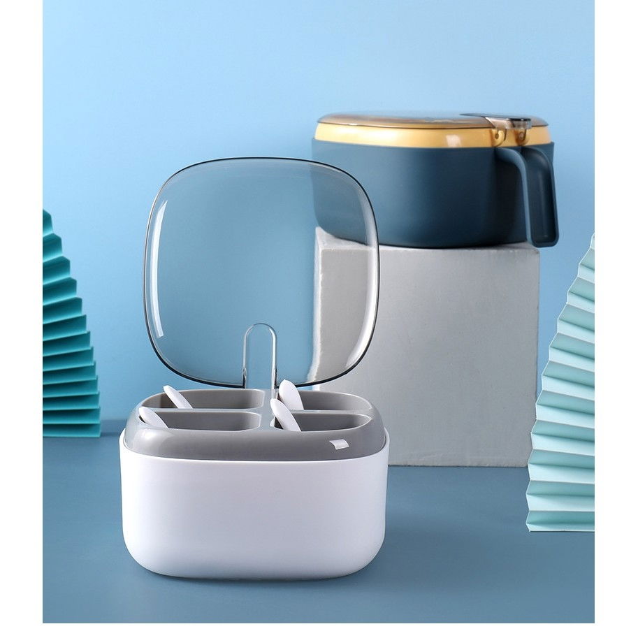 Recipient pentru condimente  4 casute, potrivit pentru sare, cimbru, piper, condimente, 4 lingurite din plastic, capac din plastic, maner, 14x14x8 cm, alb [5]