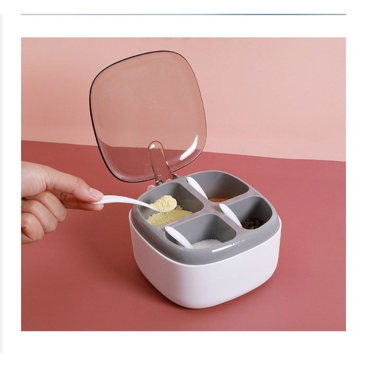 Recipient pentru condimente  4 casute, potrivit pentru sare, cimbru, piper, condimente, 4 lingurite din plastic, capac din plastic, maner, 14x14x8 cm, alb [4]