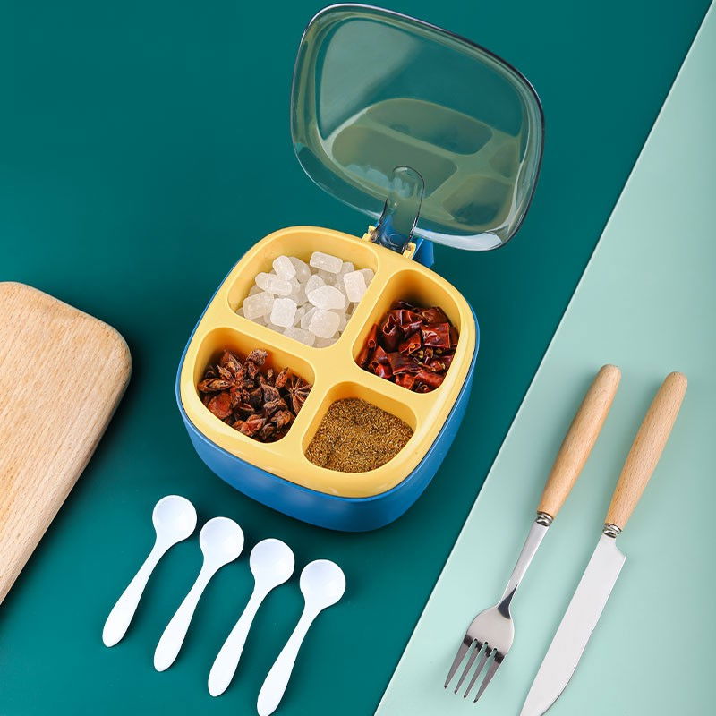 Recipient pentru condimente  4 casute, potrivit pentru sare, cimbru, piper, condimente, 4 lingurite din plastic, capac din plastic, maner, 14x14x8 cm, albastru [3]