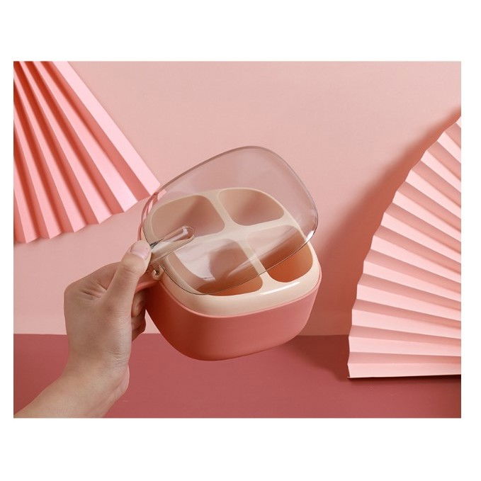 Recipient pentru condimente  4 casute, potrivit pentru sare, cimbru, piper, condimente, 4 lingurite din plastic, capac din plastic, maner, 14x14x8 cm, roz [3]
