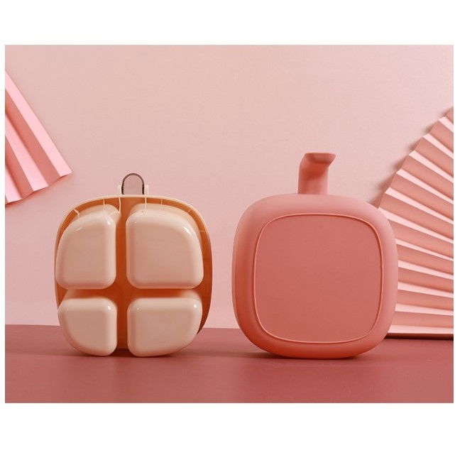 Recipient pentru condimente  4 casute, potrivit pentru sare, cimbru, piper, condimente, 4 lingurite din plastic, capac din plastic, maner, 14x14x8 cm, roz [2]