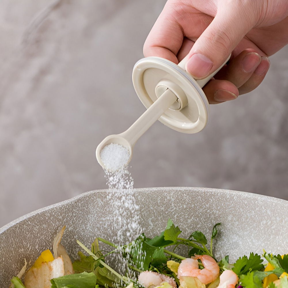 Recipient pentru depozitarea condimentelor, borcan din sticla, capac si lingura incorporate, uz casnic, 300 ml, 7.1x7.1x14.8 cm, gri [8]