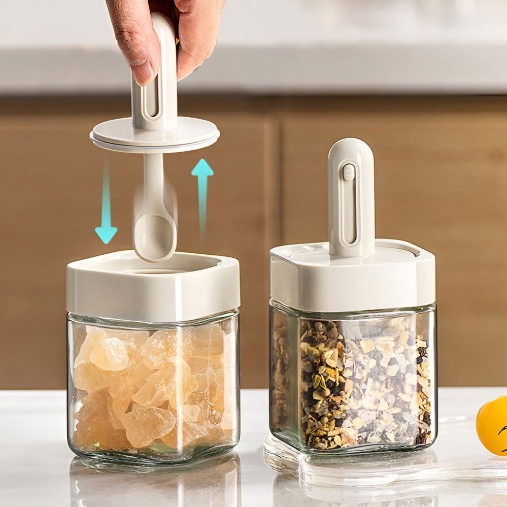 Recipient pentru depozitarea condimentelor, borcan din sticla, capac si lingura incorporate, uz casnic, 300 ml, 7.1x7.1x14.8 cm, gri [10]