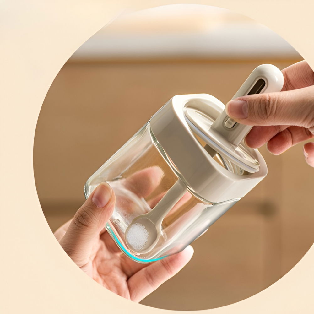 Recipient pentru depozitarea condimentelor, borcan din sticla, capac si lingura incorporate, uz casnic, 300 ml, 7.1x7.1x14.8 cm, gri [4]