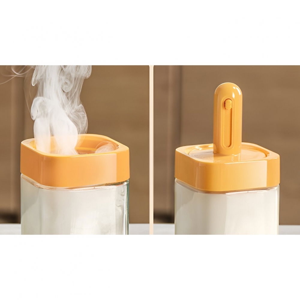 Recipient pentru depozitarea condimentelor, borcan din sticla, capac si lingura incorporate, uz casnic, 300 ml, 7.1x7.1x14.8 cm, portocaliu [5]