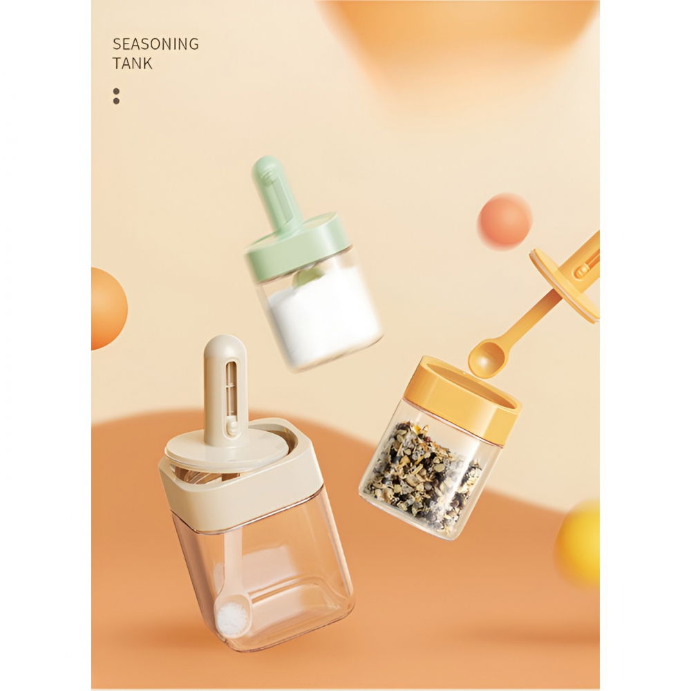 Recipient pentru depozitarea condimentelor, borcan din sticla, capac si lingura incorporate, uz casnic, 300 ml, 7.1x7.1x14.8 cm, portocaliu [2]