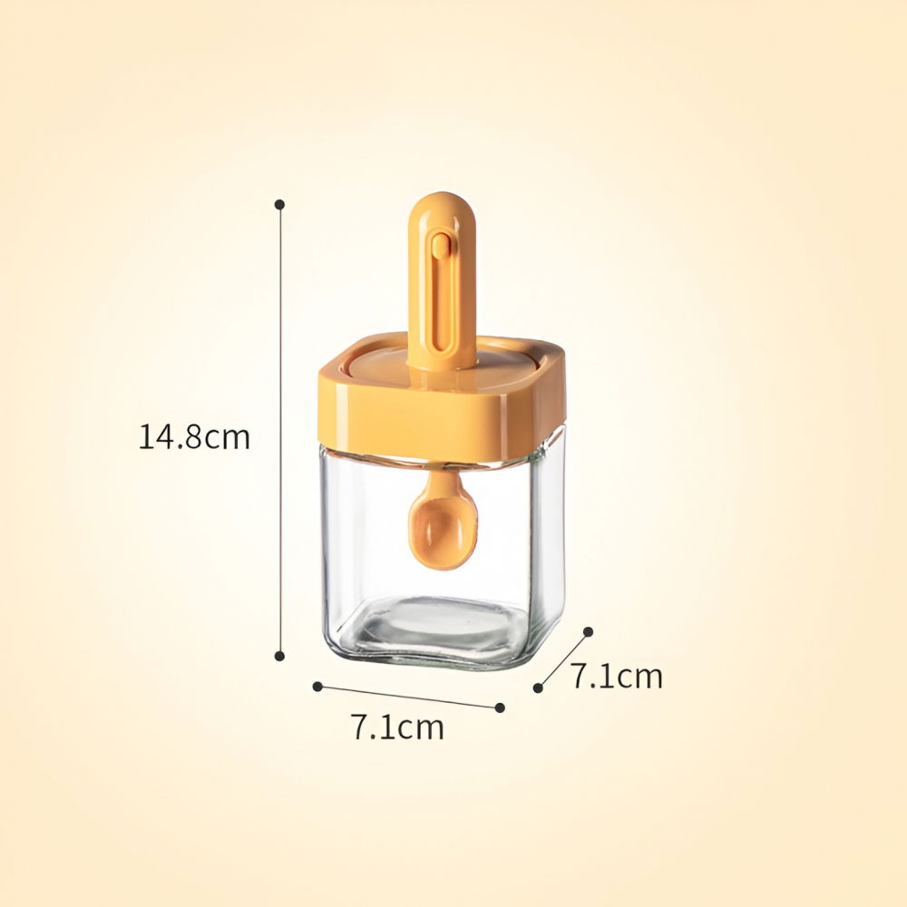 Recipient pentru depozitarea condimentelor, borcan din sticla, capac si lingura incorporate, uz casnic, 300 ml, 7.1x7.1x14.8 cm, portocaliu [3]
