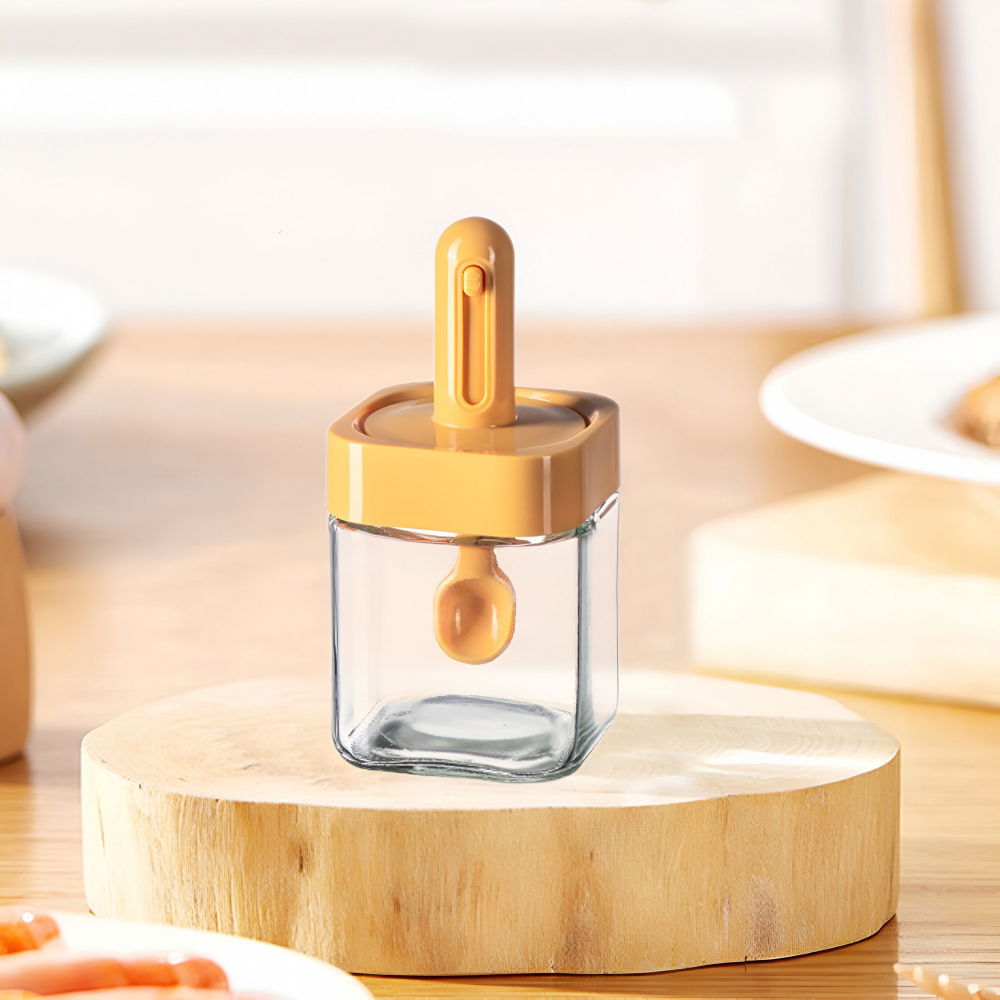 Recipient pentru depozitarea condimentelor, borcan din sticla, capac si lingura incorporate, uz casnic, 300 ml, 7.1x7.1x14.8 cm, portocaliu [7]