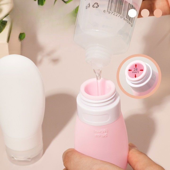 Recipient portabil din silicon elegant de voiaj, sticla de calatorie, potrivita pentru lotiune, sampon si alte lichide, anti-scurgere, cu posibilitate de reumplere, capacitate 90ml, 14cm, roz [3]