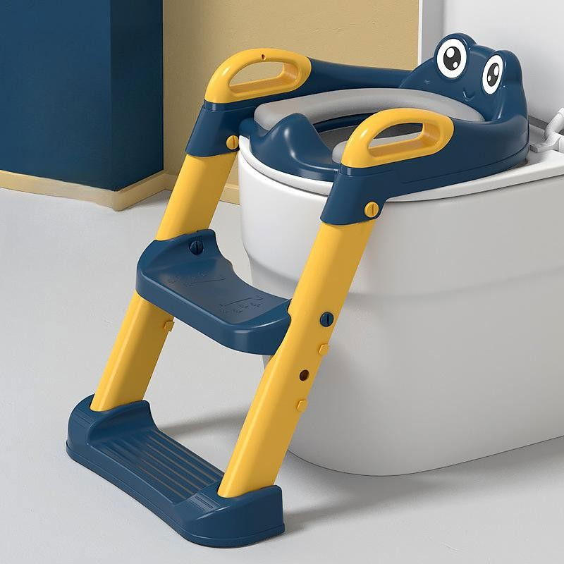 Reductor si scaunel inaltator wc, pentru copii 1 - 7 ani, 2 trepte reglabile, pliabil, colac moale, cu spatar si manere, inaltime 54/58 cm x 39.5 x 35 cm, din plastic+pvc, albastru/portocaliu [6]