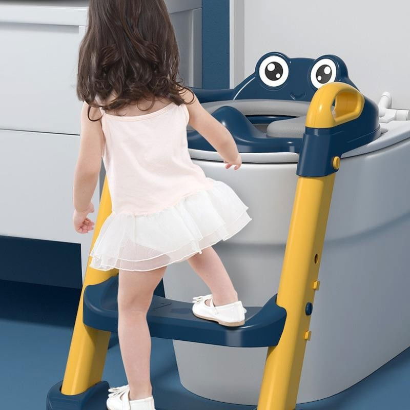 Reductor si scaunel inaltator wc, pentru copii 1 - 7 ani, 2 trepte reglabile, pliabil, colac moale, cu spatar si manere, inaltime 54/58 cm x 39.5 x 35 cm, din plastic+pvc, albastru/portocaliu [3]