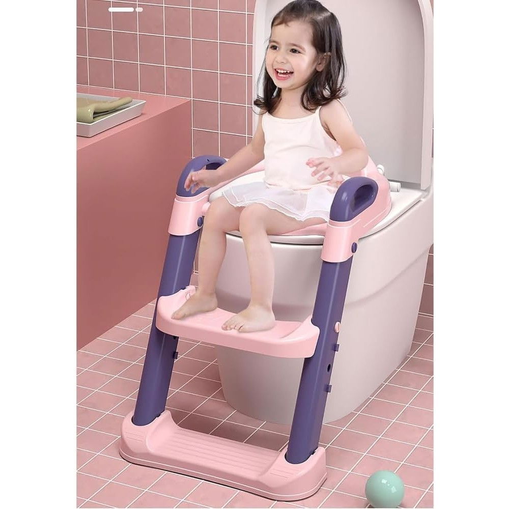 Reductor si scaunel inaltator wc, pentru copii 1 - 7 ani, 2 trepte reglabile, pliabil, colac moale, cu spatar si manere, inaltime 54/58 cm x 39.5 x 35 cm, din plastic+pvc, roz/mov [6]