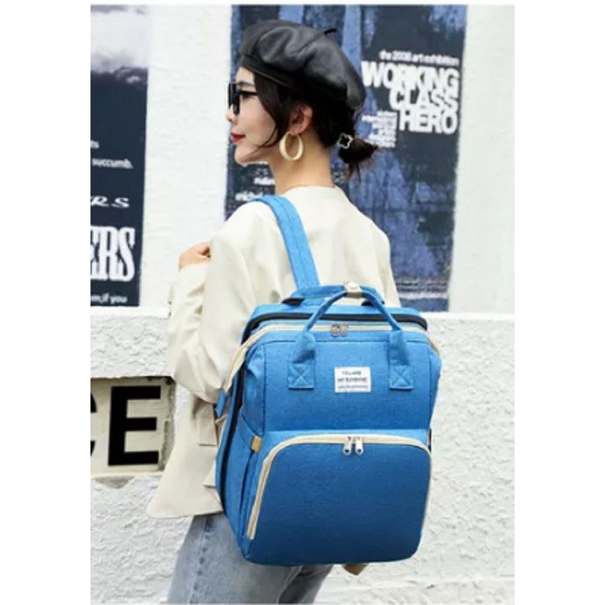 Rucsac multifunctional pentru mamici, cu patut pliabil si baza de schimbat, rezistent la apa, capacitate mare, usor, compartimente multiple, buzunar termic pentru lapte, 42 x 32 x 22 cm, albastru deschis [4]