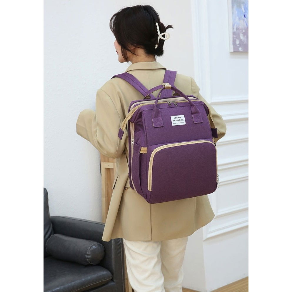 Rucsac multifunctional pentru mamici, cu patut pliabil si baza de schimbat, rezistent la apa, capacitate mare, usor, compartimente multiple, buzunar termic pentru lapte, 42 x 32 x 22 cm, mov [6]
