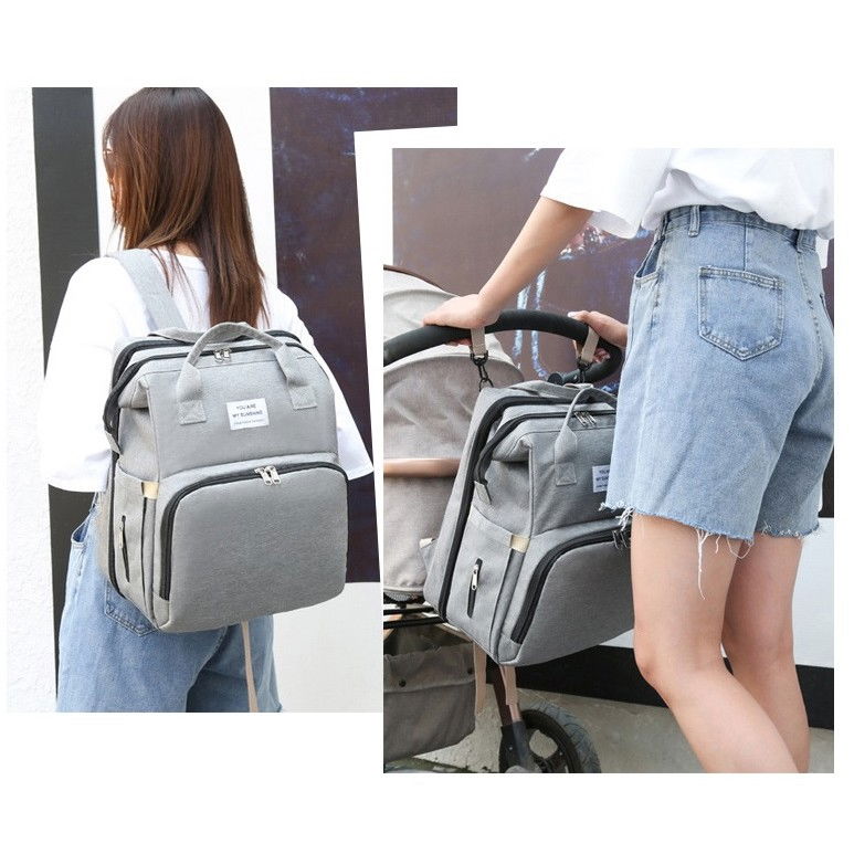 Rucsac multifunctional pentru mamici, cu patut pliabil si baza de schimbat, rezistent la apa, capacitate mare, usor, compartimente multiple, buzunar termic pentru lapte, 42 x 32 x 22 cm, gri [11]