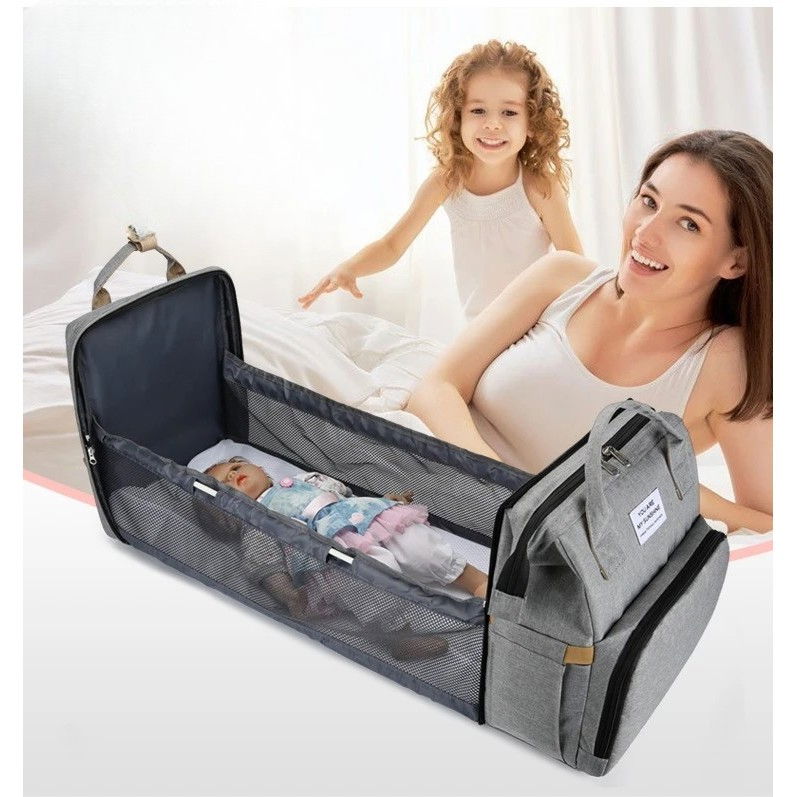 Rucsac multifunctional pentru mamici, cu patut pliabil si baza de schimbat, rezistent la apa, capacitate mare, usor, compartimente multiple, buzunar termic pentru lapte, 42 x 32 x 22 cm, gri [10]