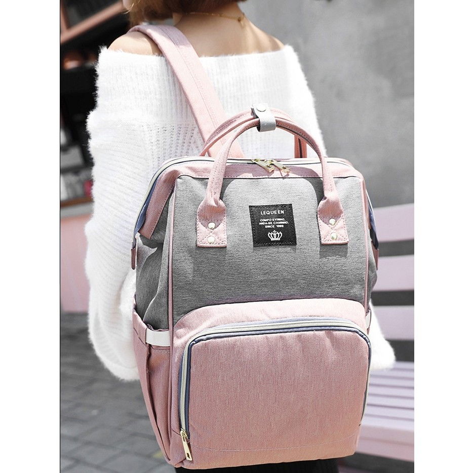 Rucsac multifunctional pentru mamici, din panza oxford, compartimentare multipla, impermeabil, 43 x 18 x 26 cm, roz/gri [9]