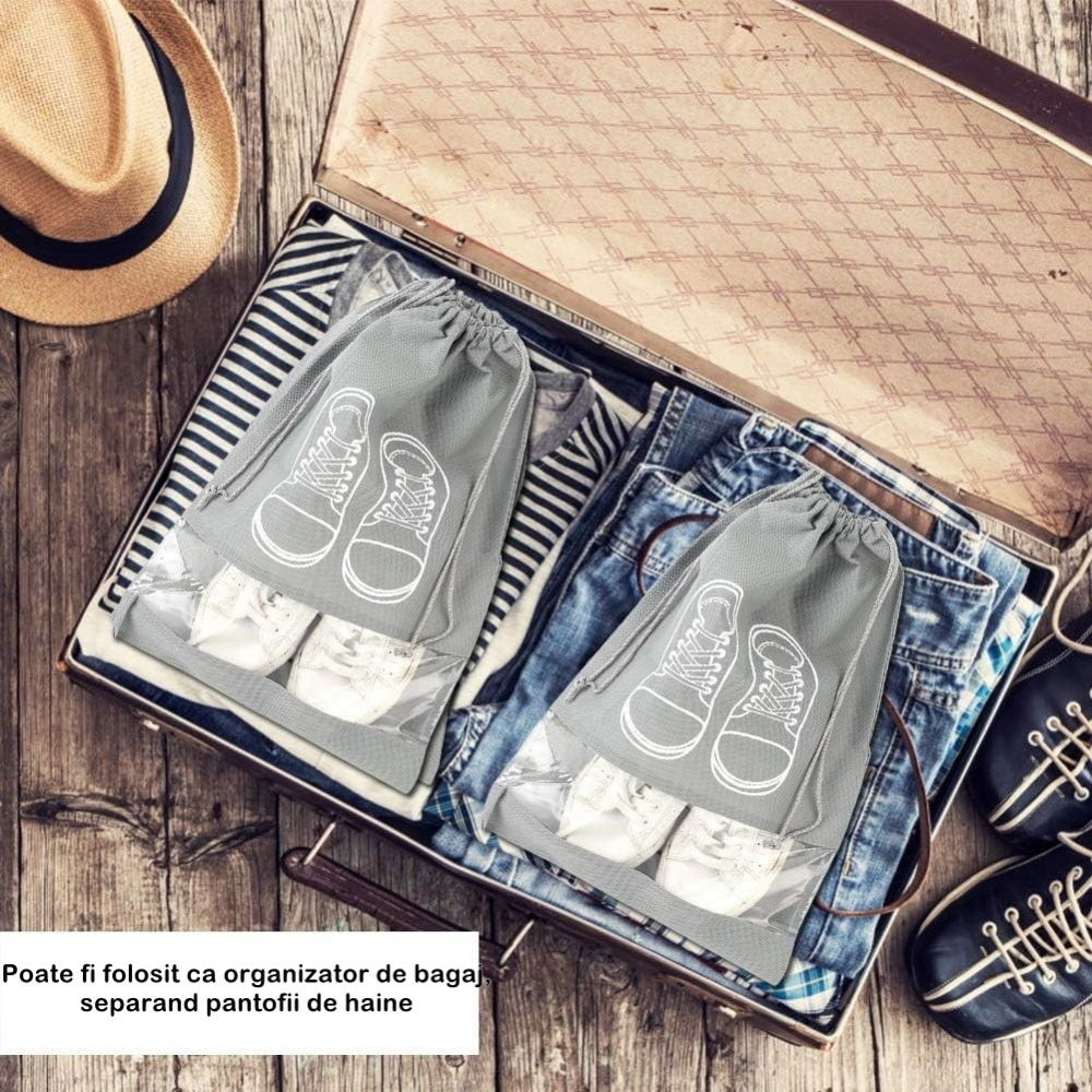 Sac depozitare incaltaminte, pentru voiaj sau depozitare, rezistent la praf, compatibil cu masina de spalat, 27 x 36 cm, gri deschis [5]