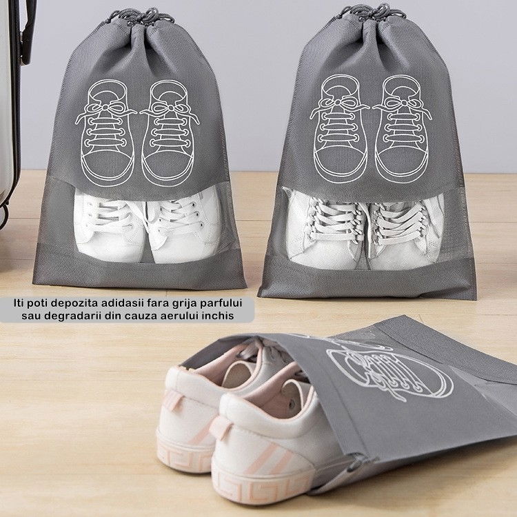 Sac depozitare incaltaminte, pentru voiaj sau depozitare, rezistent la praf, compatibil cu masina de spalat, 27 x 36 cm, gri deschis [4]