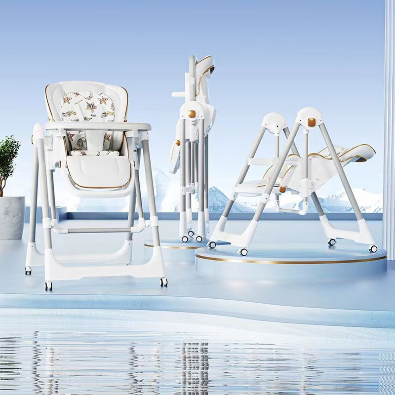 Scaun de masa 2in1, pentru copii 6 luni - 4 ani, pliabil, cu roti, balansoar, leagan, reglabil, tava de masa dubla, centura in 5 puncte, 96 x 56 x 76 cm, alb [5]