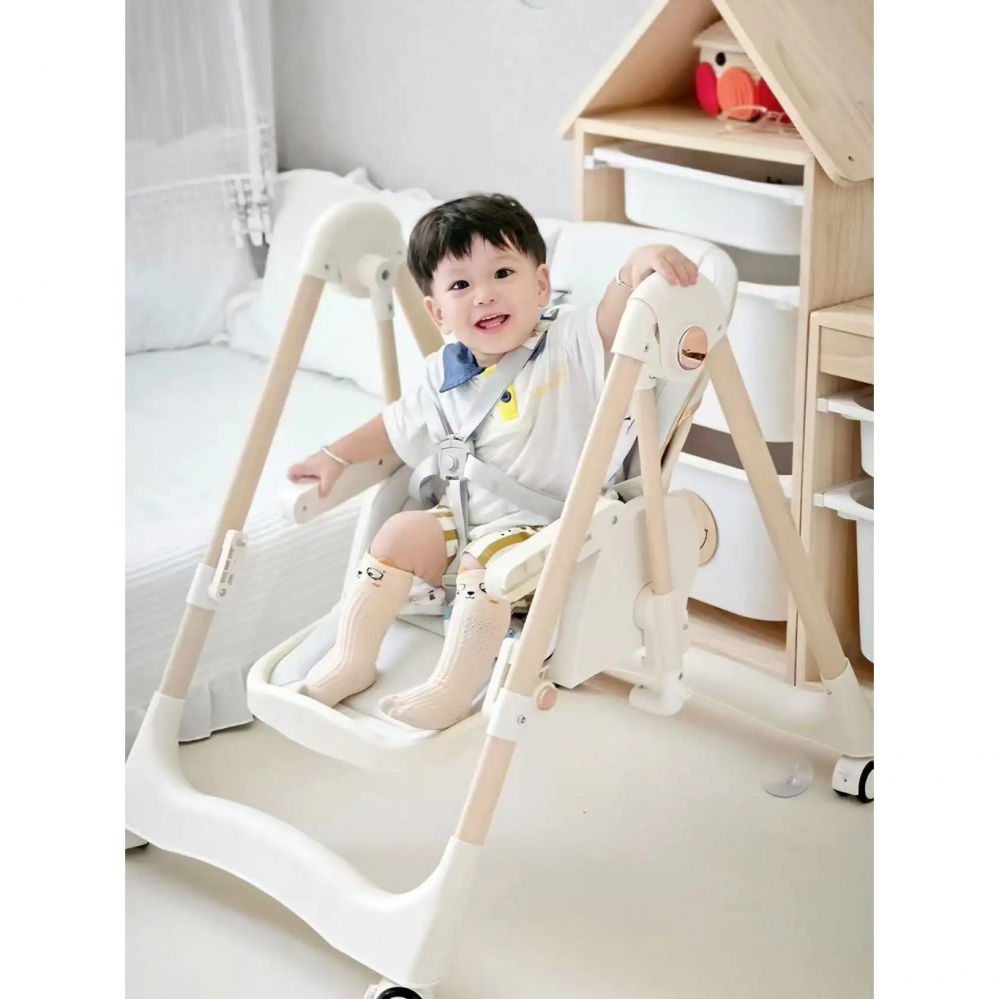 Scaun de masa 2in1, pentru copii 6 luni - 4 ani, pliabil, cu roti, balansoar, leagan, reglabil, tava de masa dubla, centura in 5 puncte, 96 x 56 x 76 cm, alb [3]