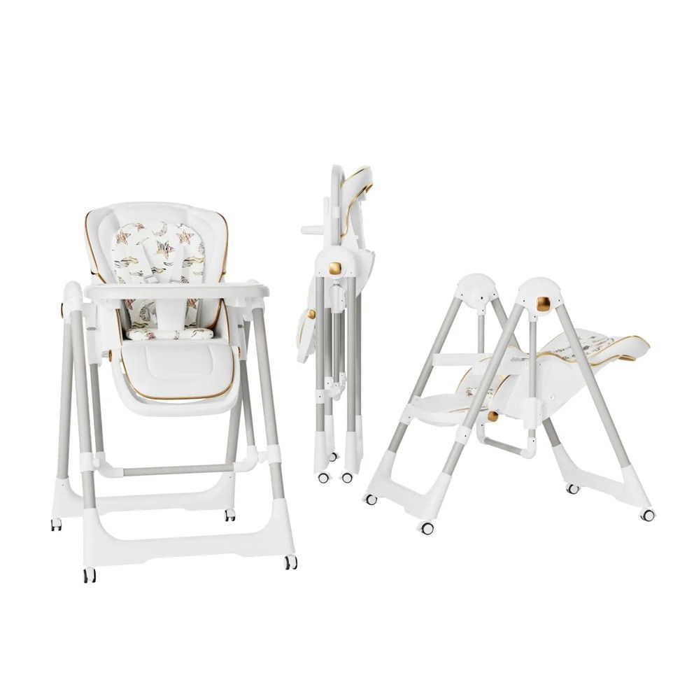 Scaun de masa 2in1, pentru copii 6 luni - 4 ani, pliabil, cu roti, balansoar, leagan, reglabil, tava de masa dubla, centura in 5 puncte, 96 x 56 x 76 cm, alb [1]