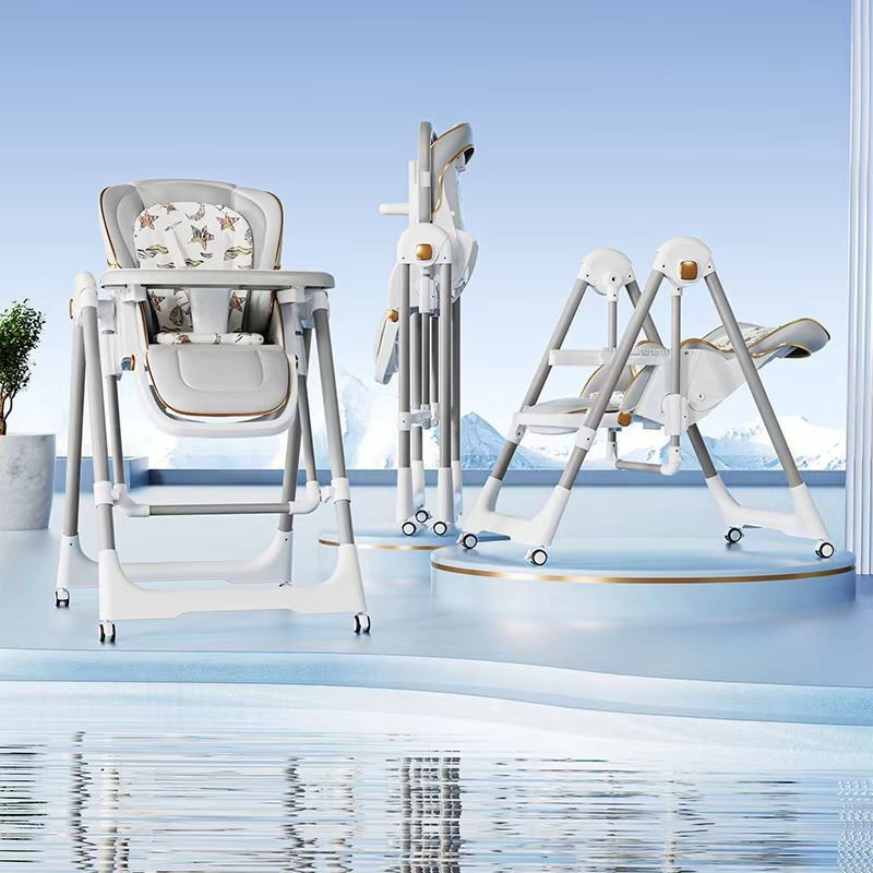 Scaun de masa 2in1, pentru copii 6 luni - 4 ani, pliabil, cu roti, balansoar, leagan, reglabil, tava de masa dubla, centura in 5 puncte, 96 x 56 x 76 cm, gri [4]