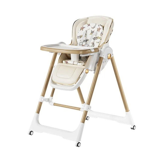 Scaun de masa 2in1, pentru copii 6 luni - 4 ani, pliabil, cu roti, balansoar, leagan, reglabil, tava de masa dubla, centura in 5 puncte, 96 x 56 x 76 cm, sampanie [2]